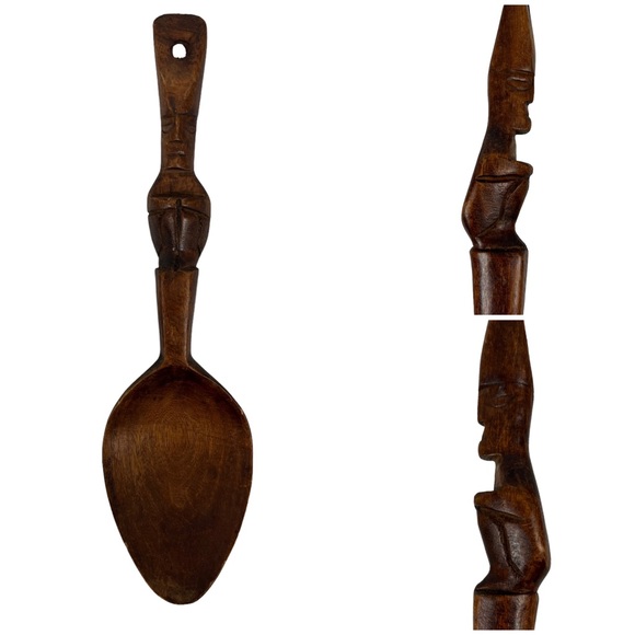No Brand Kitchen Hand Carved Wood Spoon Man Carved Handle Decor Wall Brown Distressed